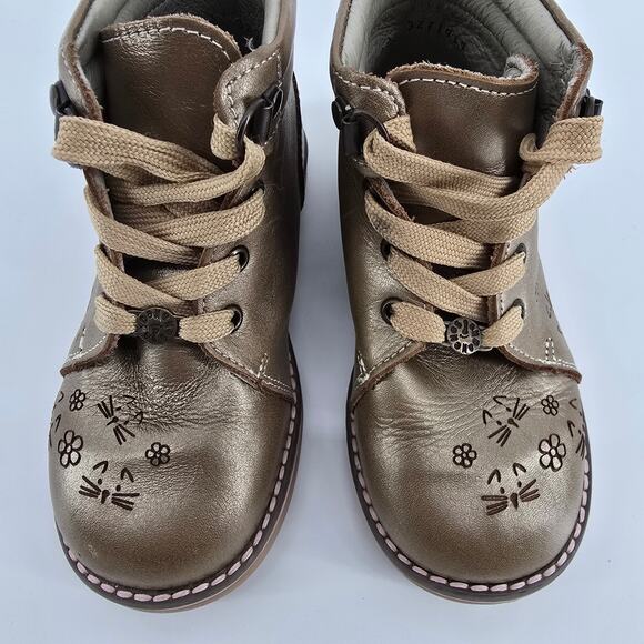 AndaNeNes Girls Bronze High Top Lace Up Leather Upper Cat & Flower Boots 10C - Picture 3 of 9